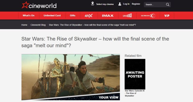 Cineworld Star Wars melt your mind screengrab
